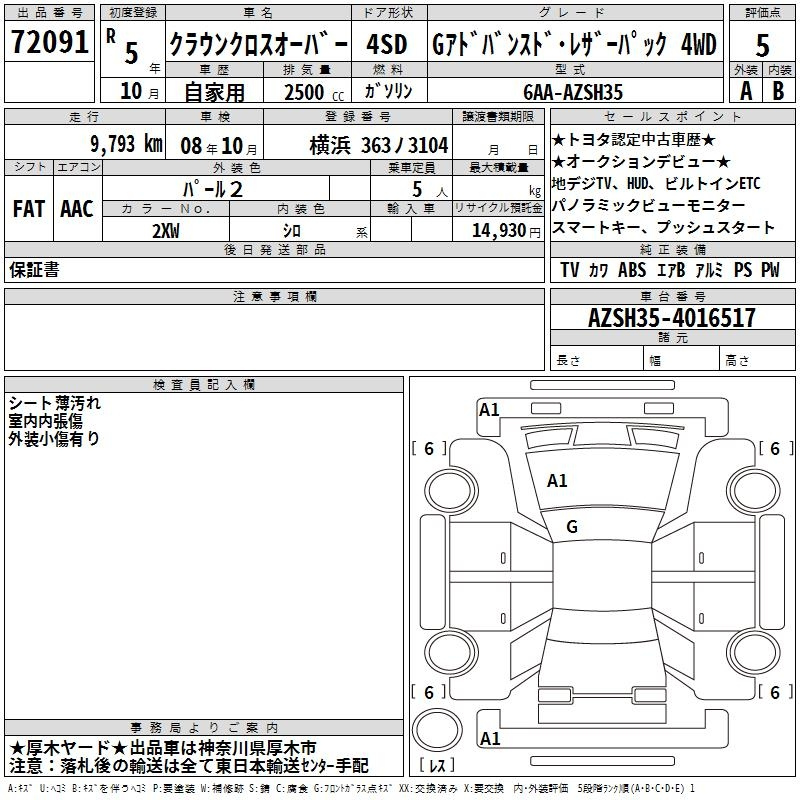 Аукционный лист TOYOTA CROWN CROSSOVER 2023