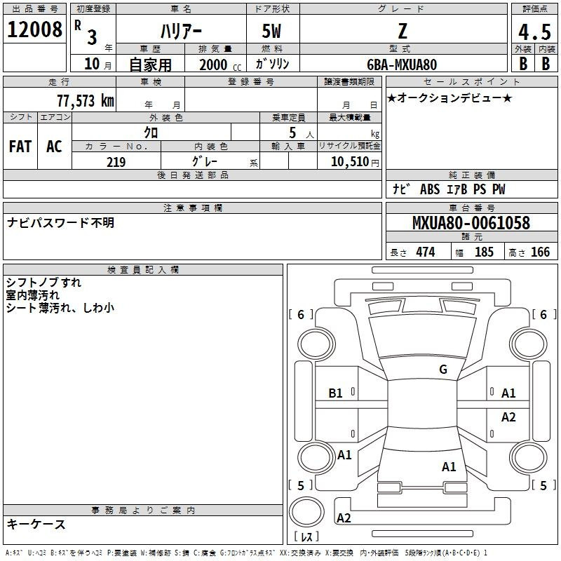 Аукционный лист TOYOTA HARRIER 2021