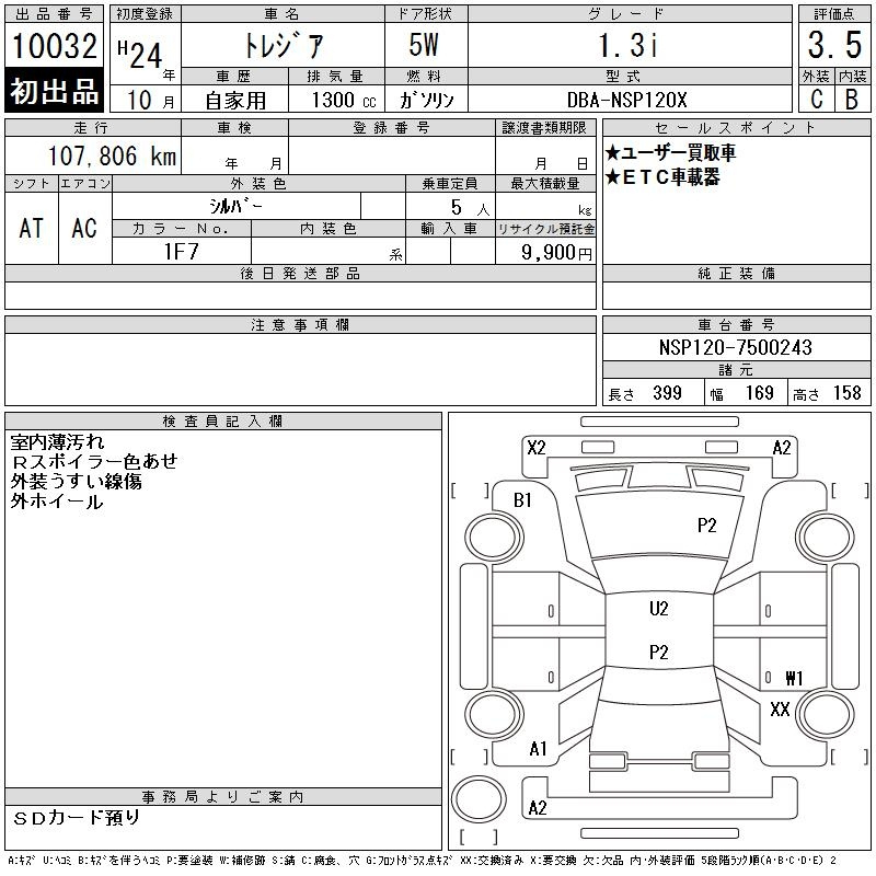 Аукционный лист SUBARU TREZIA 2012
