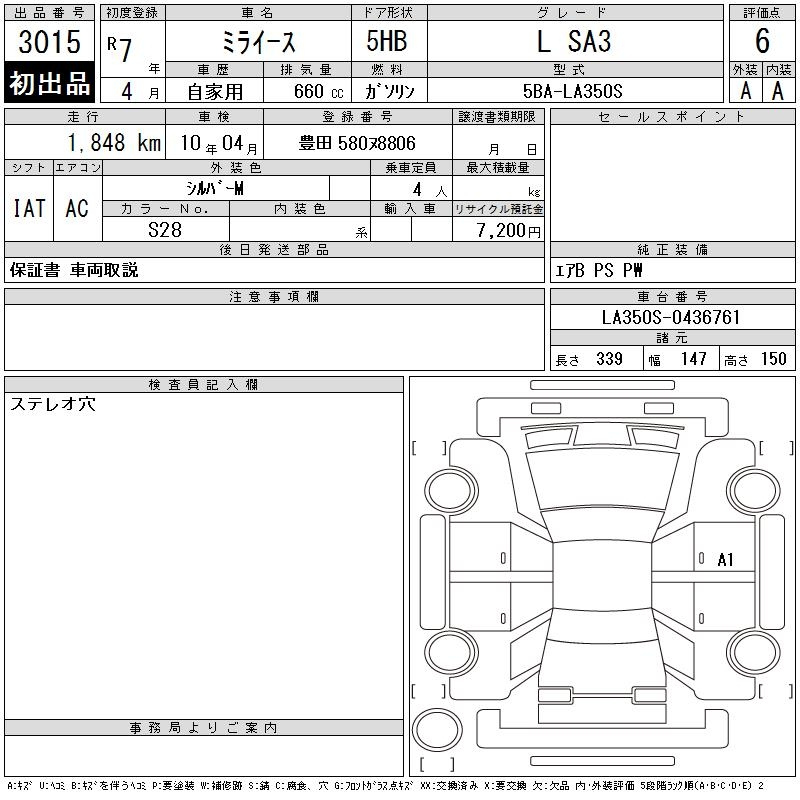Аукционный лист DAIHATSU MIRA E S 2025