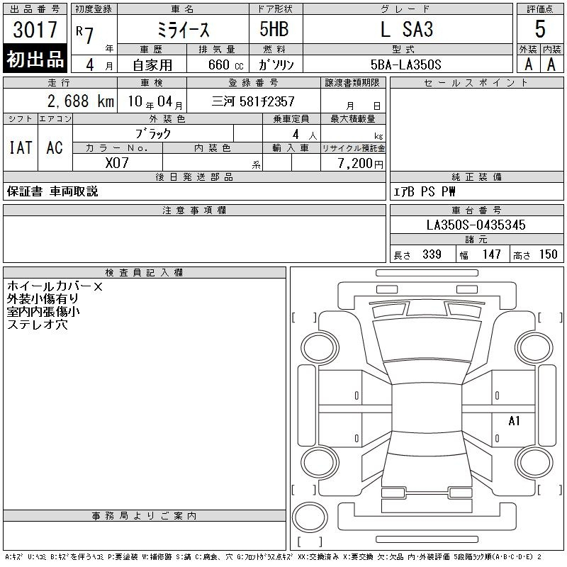 Аукционный лист DAIHATSU MIRA E S 2025