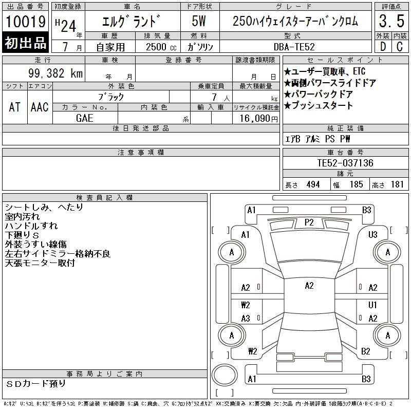 Аукционный лист NISSAN ELGRAND 2012