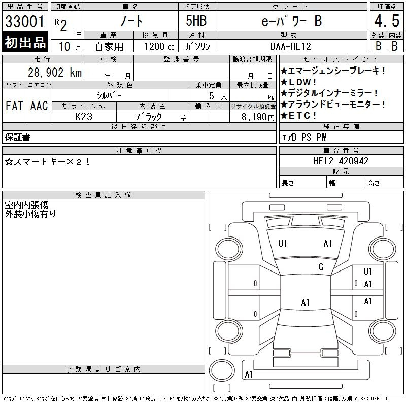 Аукционный лист NISSAN NOTE 2020