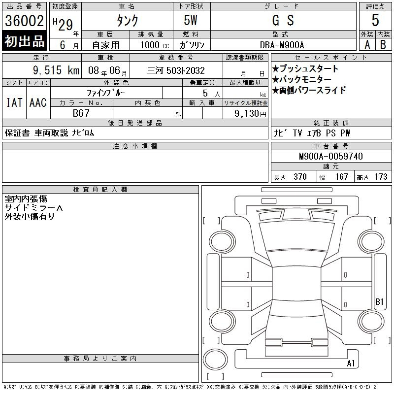 Аукционный лист TOYOTA TANK 2017