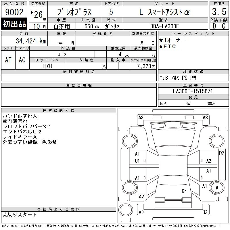 Аукционный лист SUBARU PLEO PLUS 2014