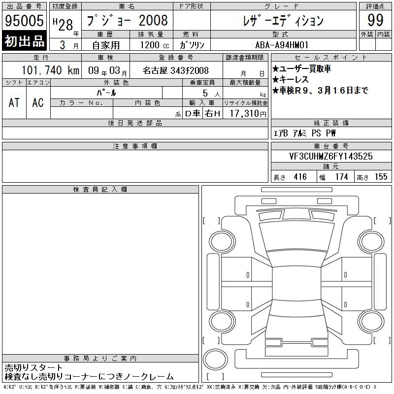 Аукционный лист PEUGEOT 2008 2016