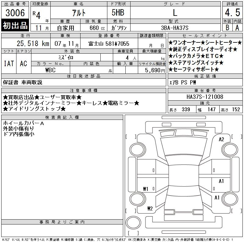 Аукционный лист SUZUKI ALTO 2022