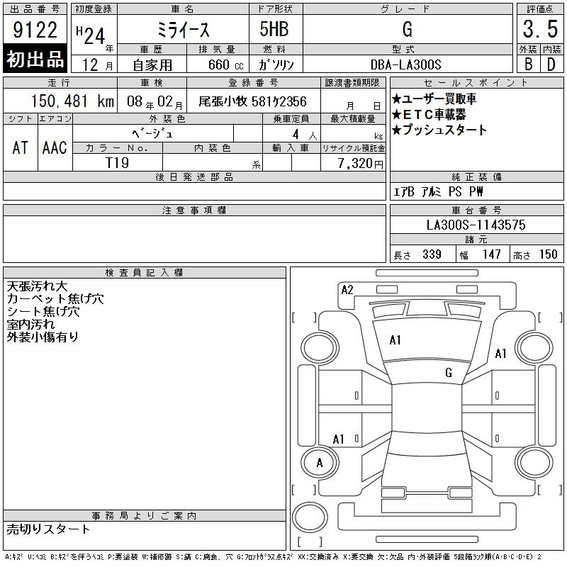 Аукционный лист DAIHATSU MIRA E S 2012