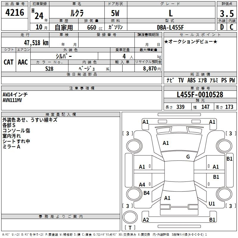 Аукционный лист SUBARU LUCRA 2012