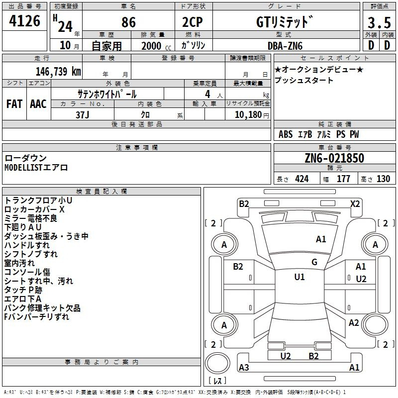 Аукционный лист TOYOTA 86 2012