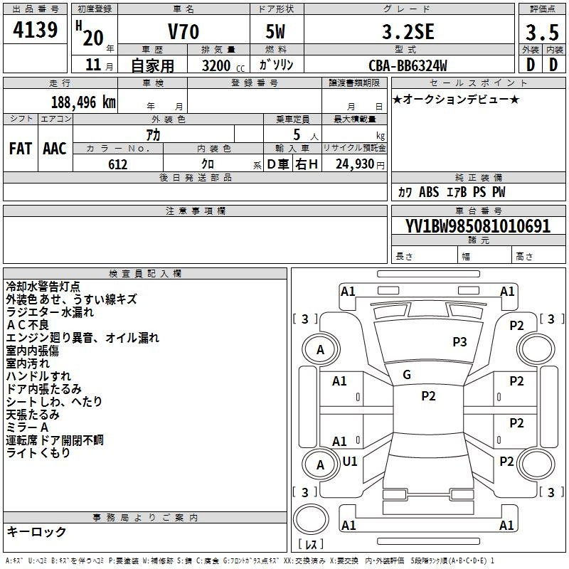Аукционный лист VOLVO V70 2008