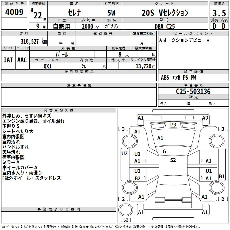 Аукционный лист NISSAN SERENA 2010
