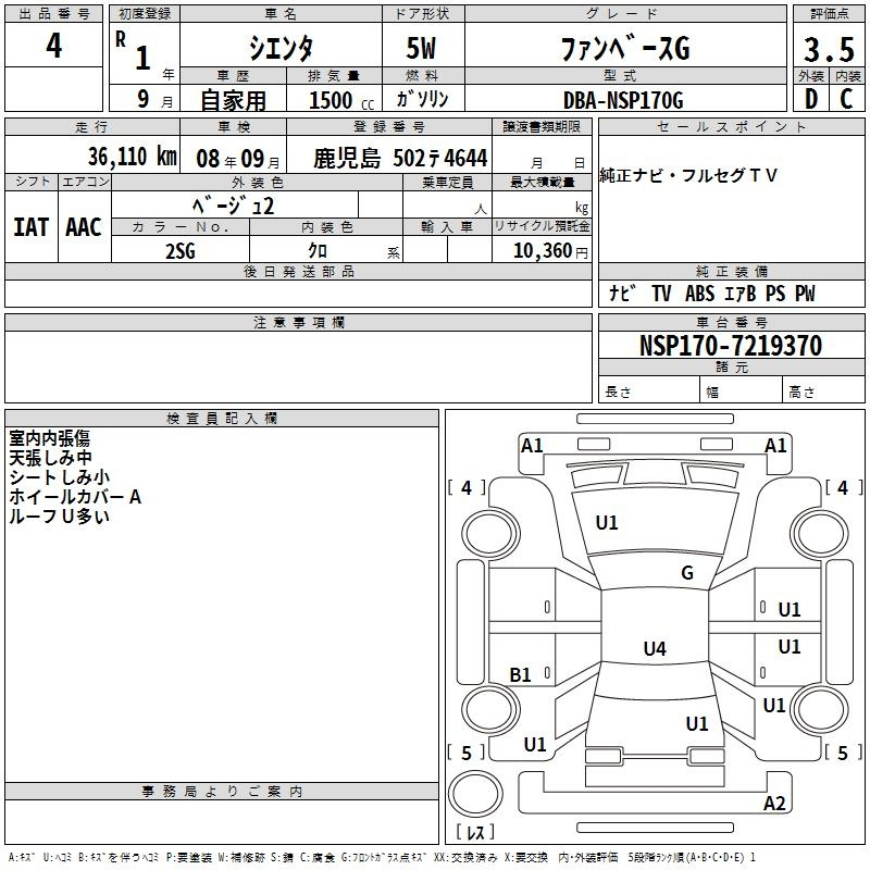 Аукционный лист TOYOTA SIENTA 2019