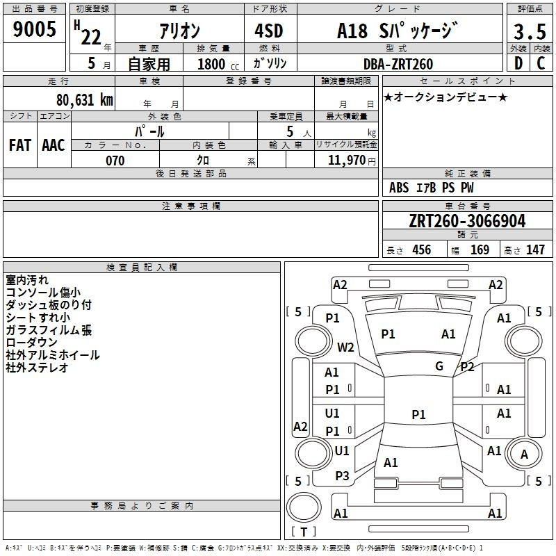 Аукционный лист TOYOTA ALLION 2010