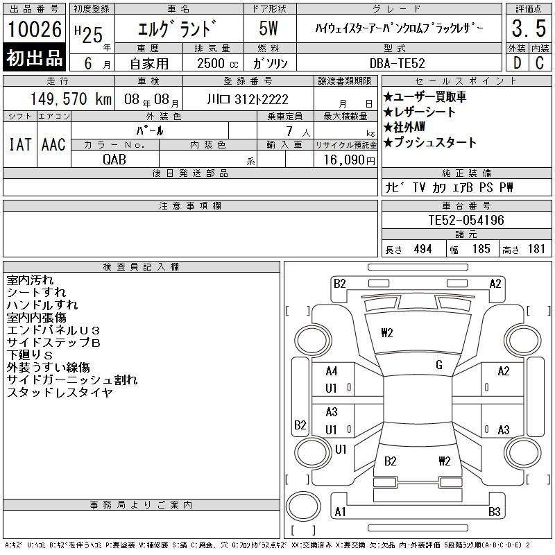 Аукционный лист NISSAN ELGRAND 2013