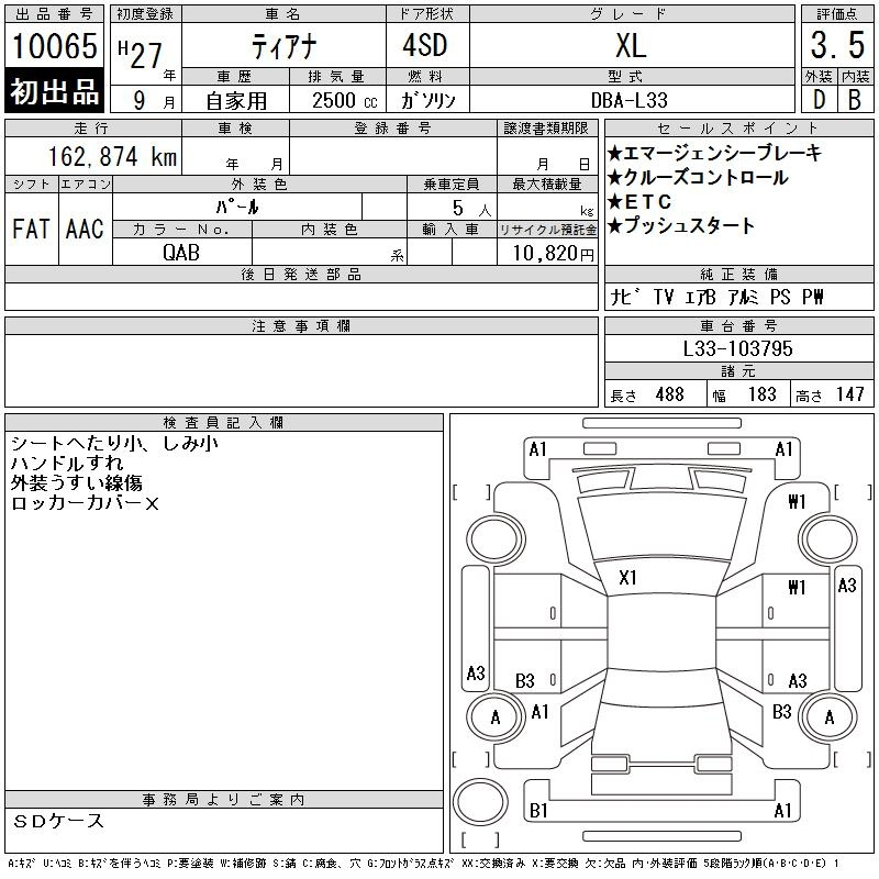 Аукционный лист NISSAN TEANA 2015
