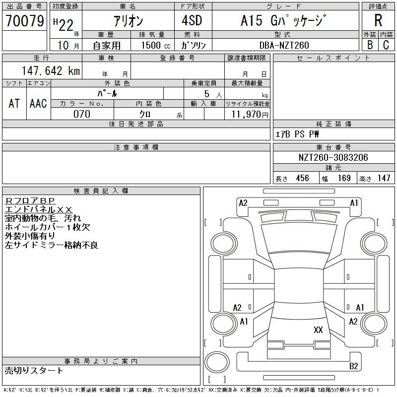 Аукционный лист TOYOTA ALLION 2010