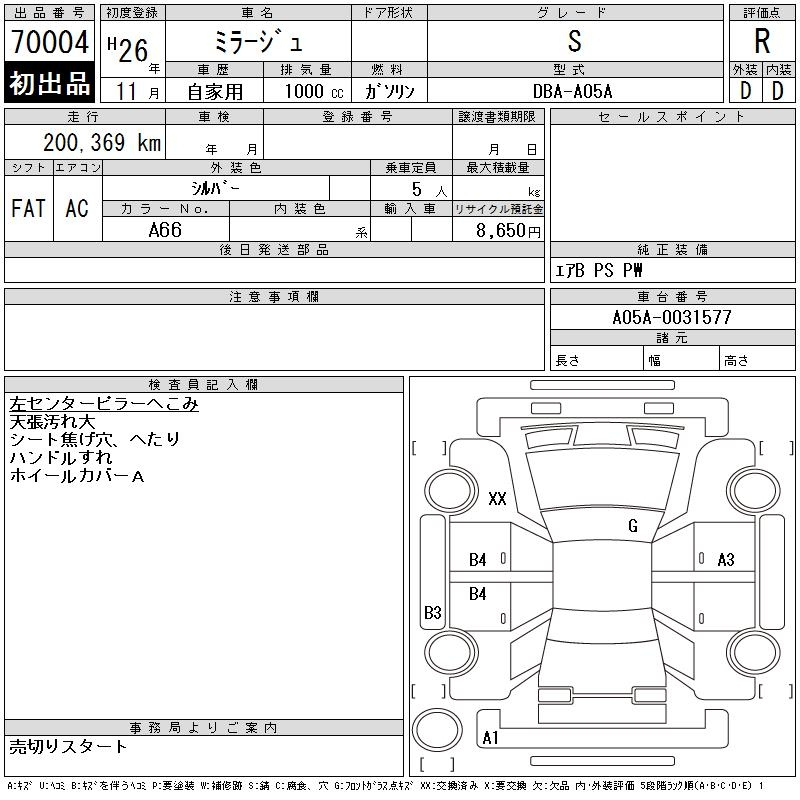 Аукционный лист MITSUBISHI MIRAGE 2014