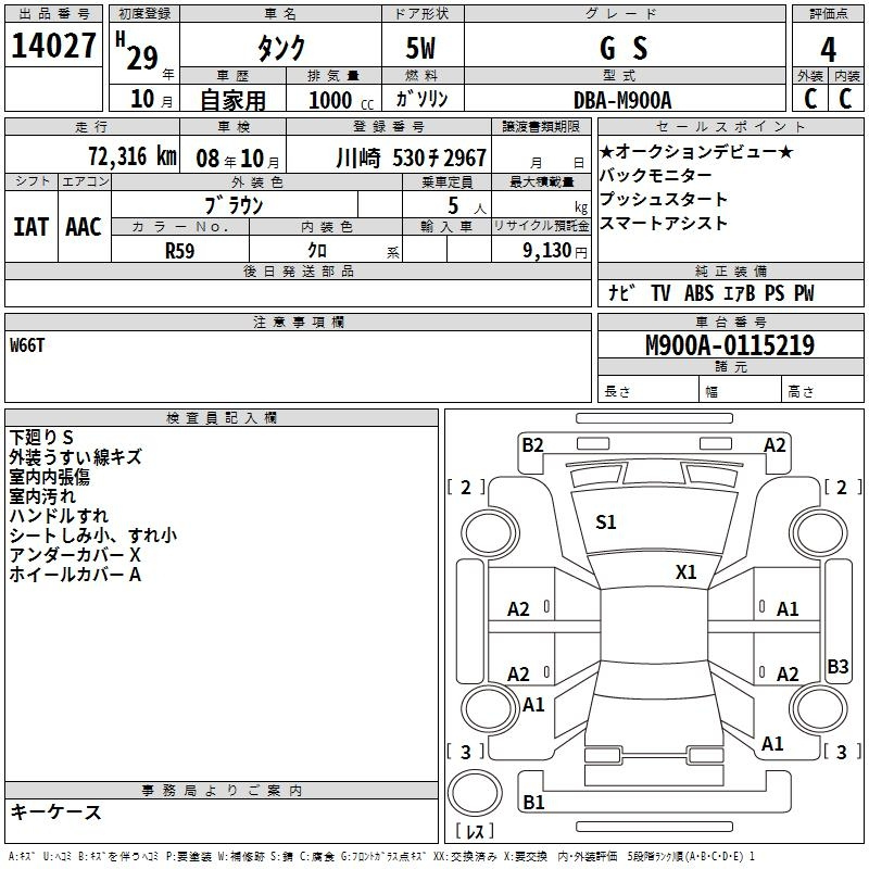 Аукционный лист TOYOTA TANK 2017