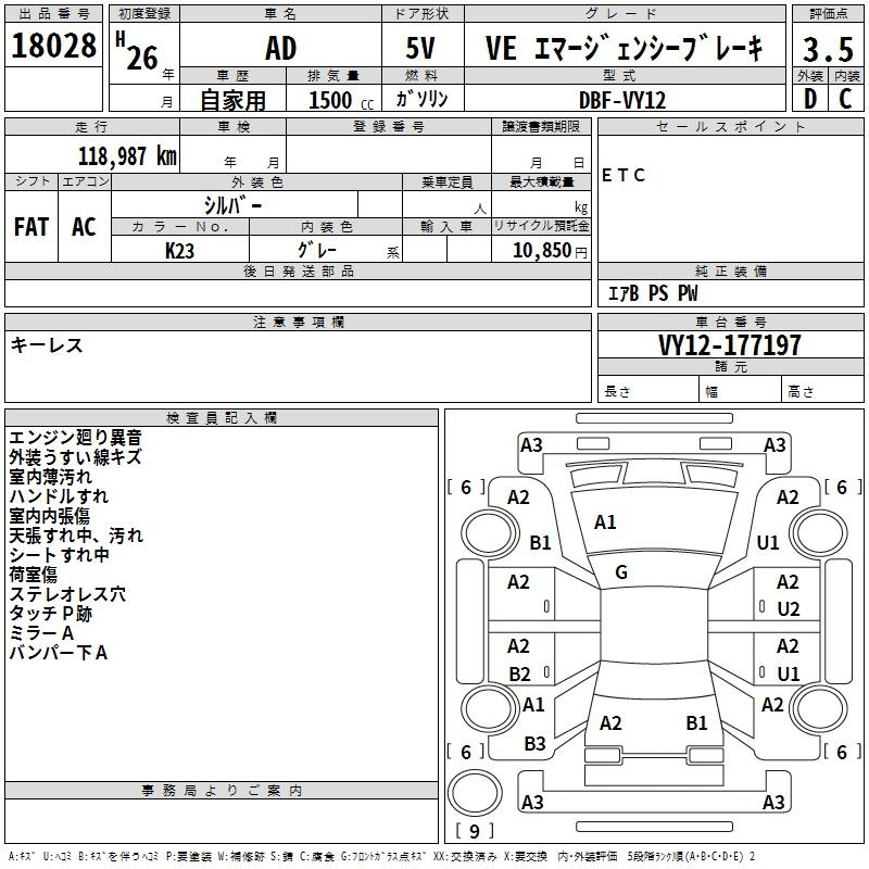 Аукционный лист NISSAN AD 2014