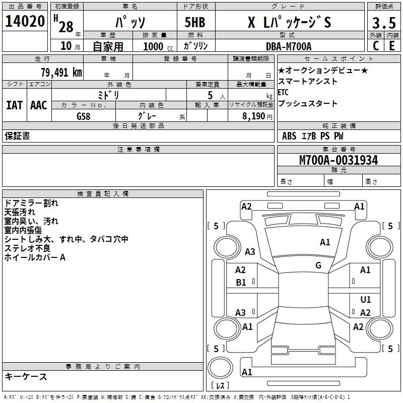 Аукционный лист TOYOTA PASSO 2016