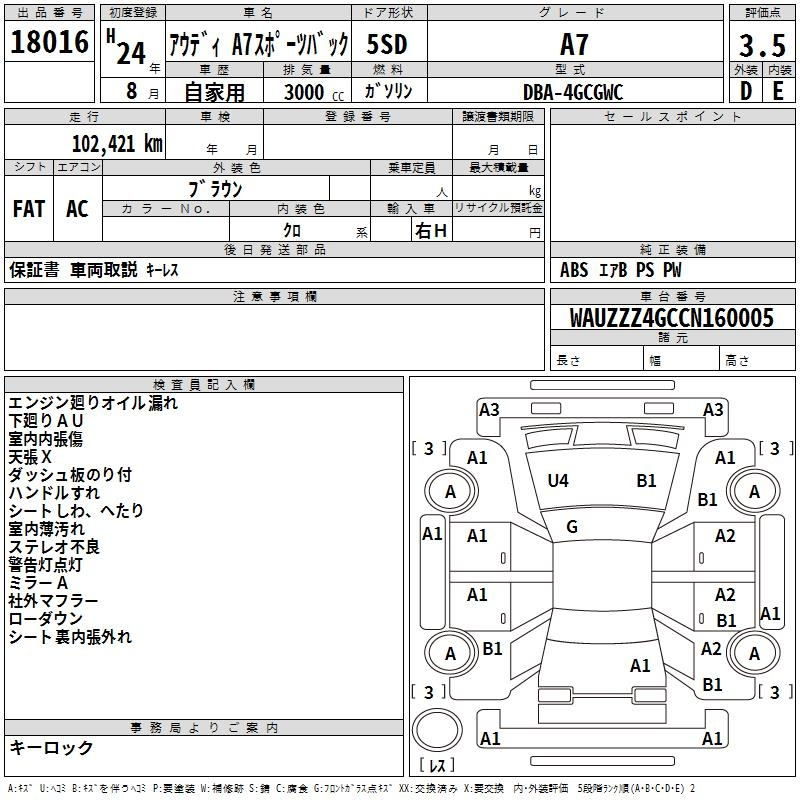 Аукционный лист AUDI A7 2012