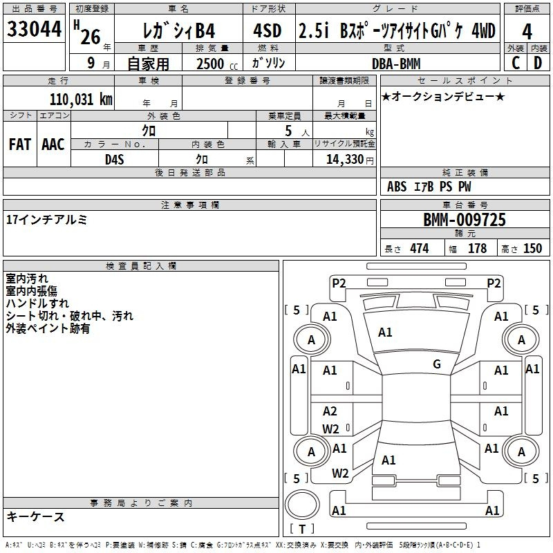 Аукционный лист SUBARU LEGACY B4 2014
