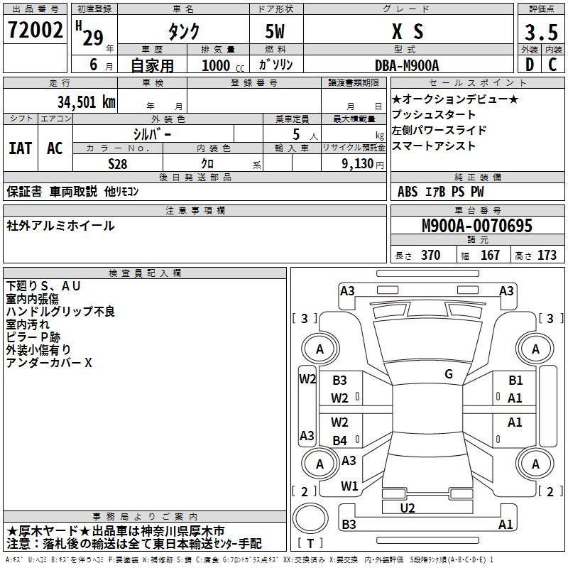 Аукционный лист TOYOTA TANK 2017