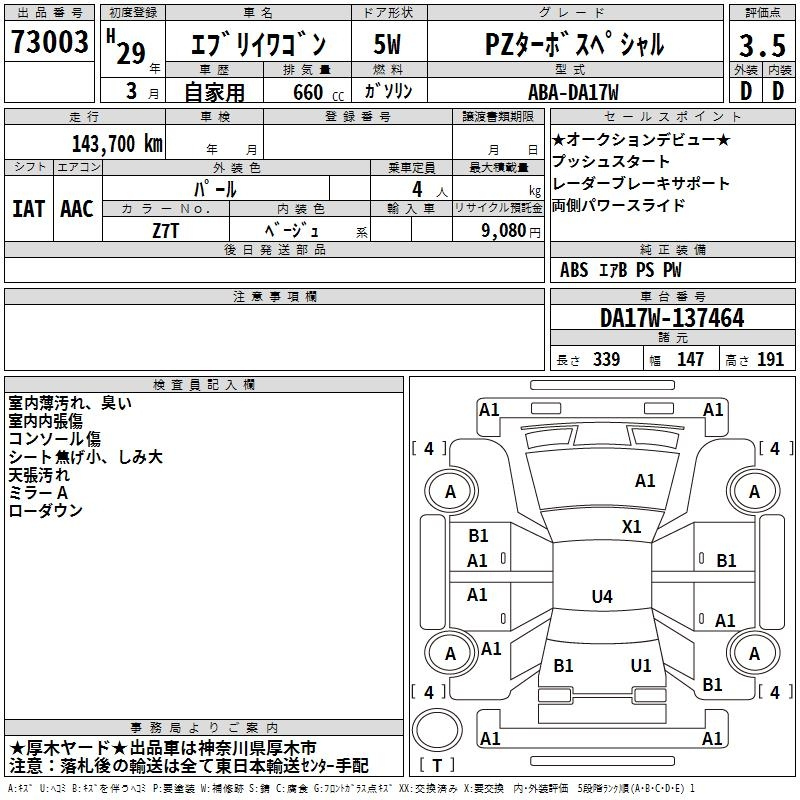 Аукционный лист SUZUKI EVERY WAGON 2017