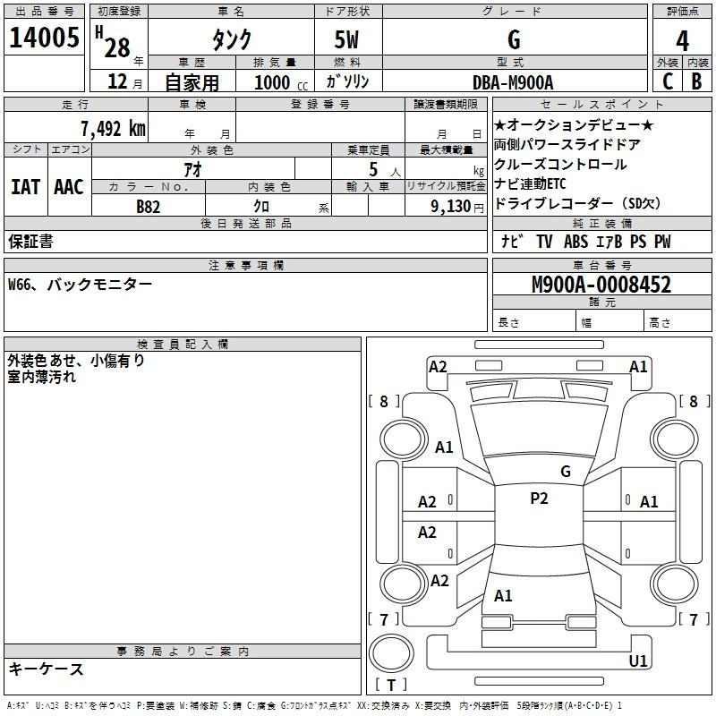 Аукционный лист TOYOTA TANK 2016