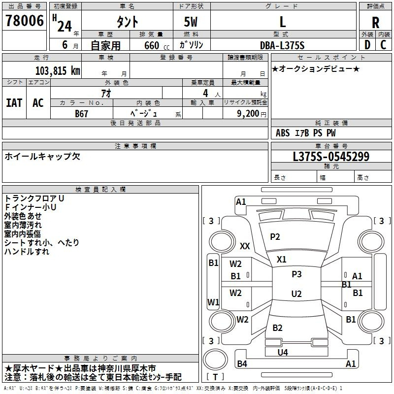Аукционный лист DAIHATSU TANTO 2012