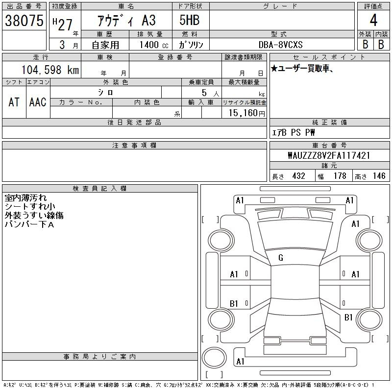 Аукционный лист AUDI A3 2015