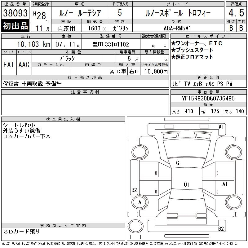 Аукционный лист RENAULT LUTECIA 2016