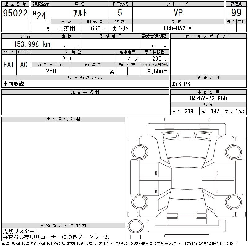 Аукционный лист SUZUKI ALTO VAN 2012