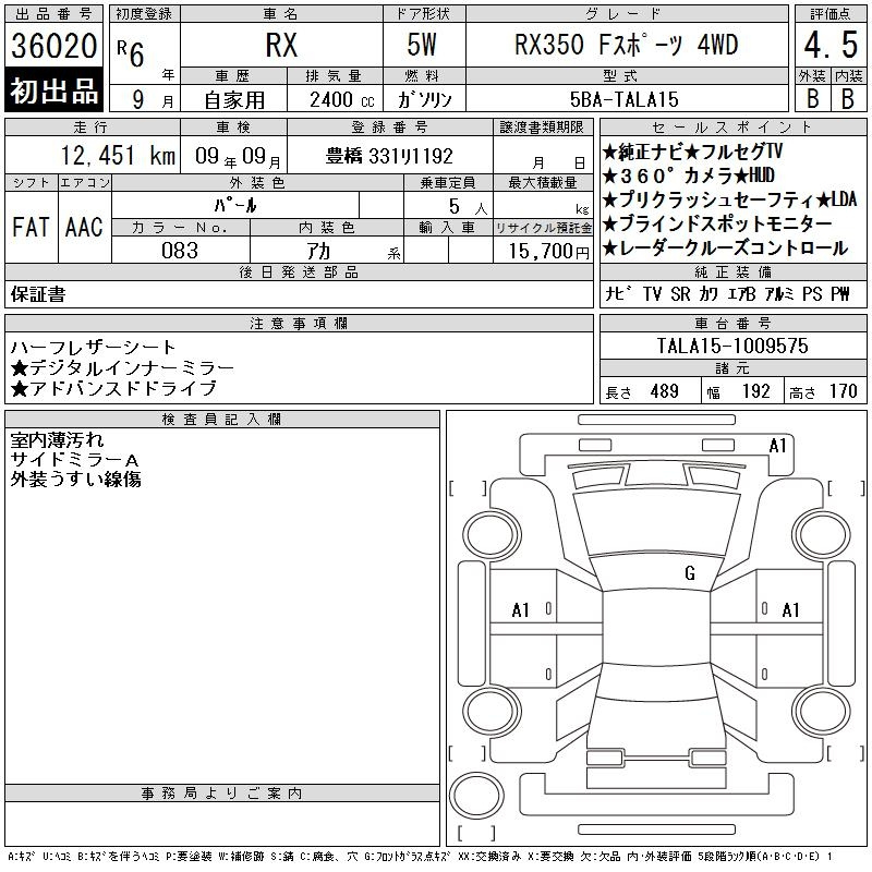 Аукционный лист LEXUS RX 2024