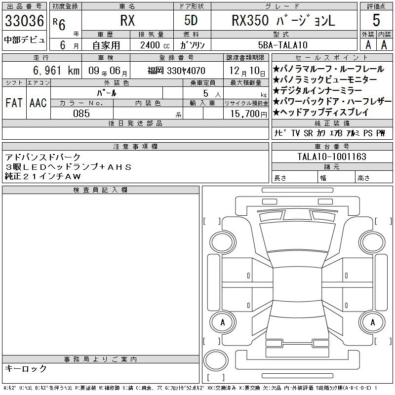 Аукционный лист LEXUS RX 2024