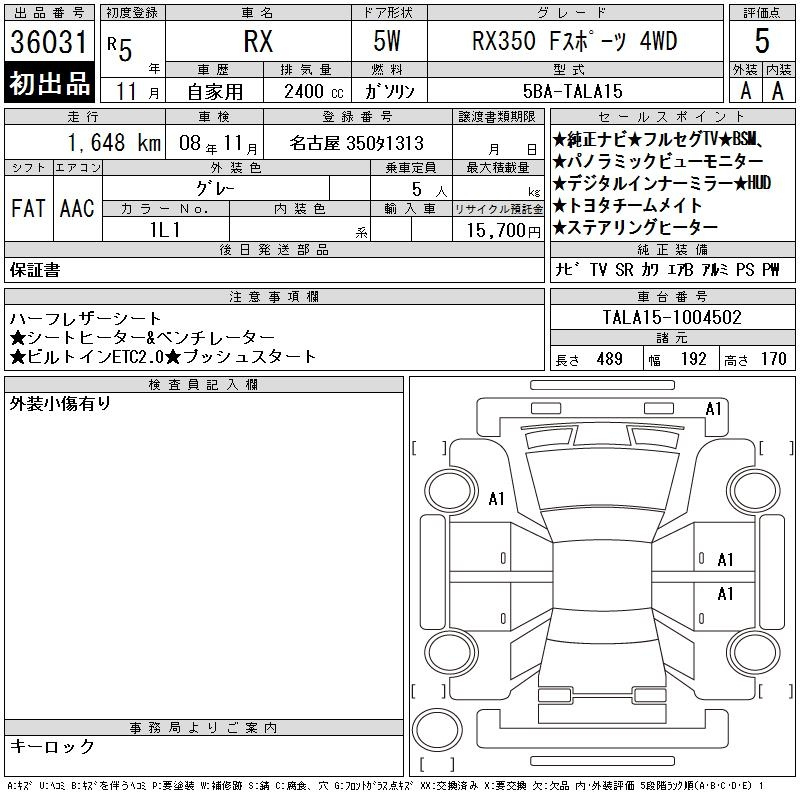 Аукционный лист LEXUS RX 2023