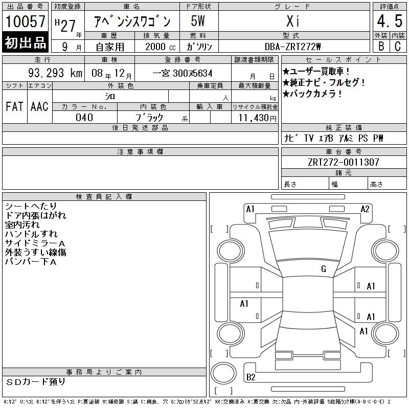 Аукционный лист TOYOTA AVENSIS WAGON 2015