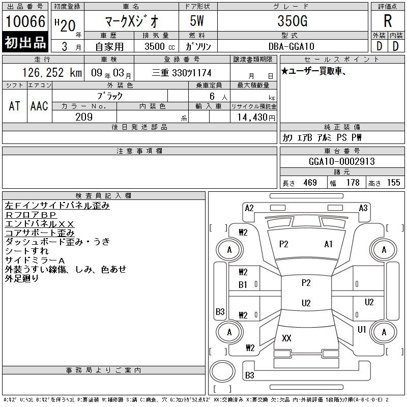 Аукционный лист TOYOTA MARK X ZIO 2008