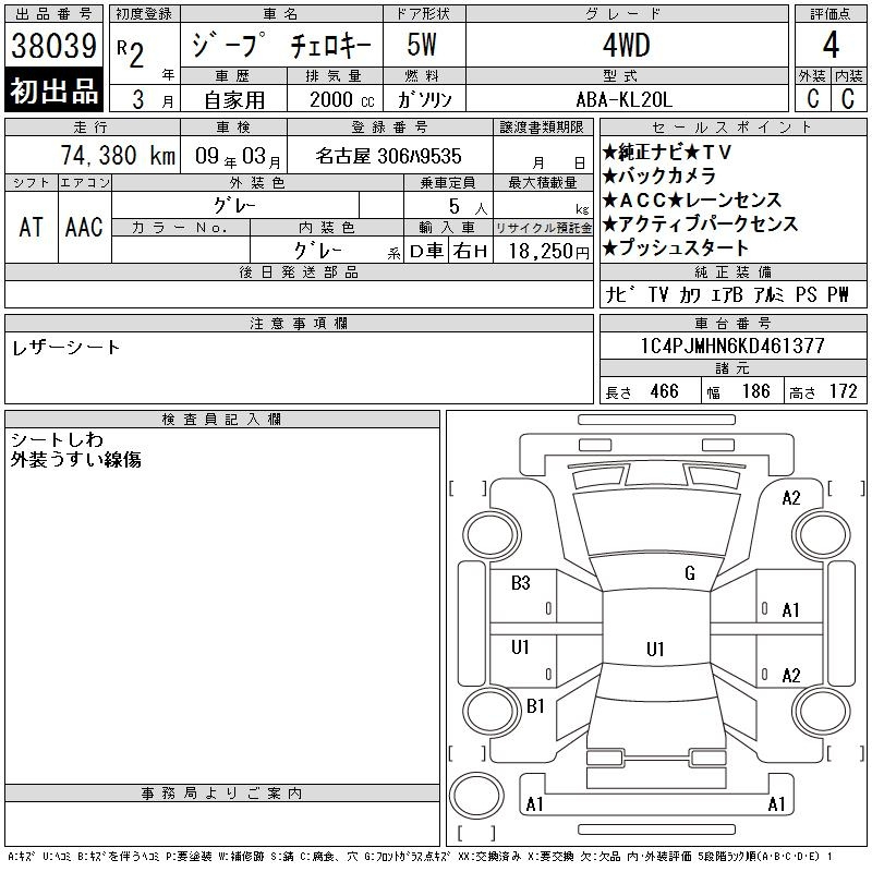 Аукционный лист CHRYSLER JEEP CHEROKEE 2020