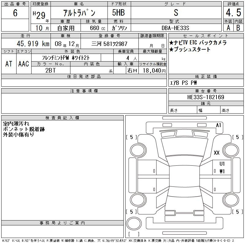 Аукционный лист SUZUKI ALTO LAPIN 2017