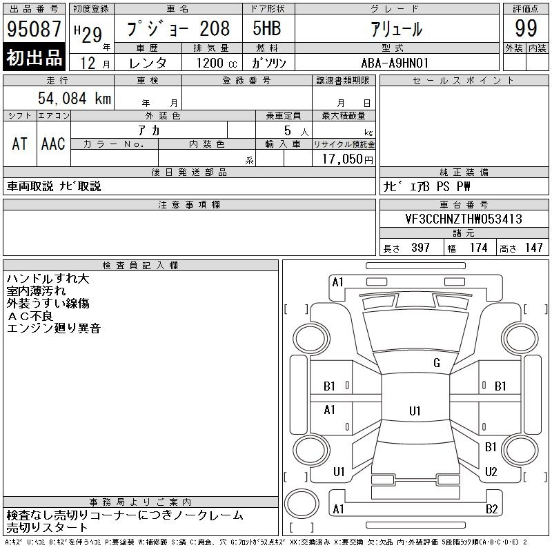 Аукционный лист PEUGEOT 208 2017