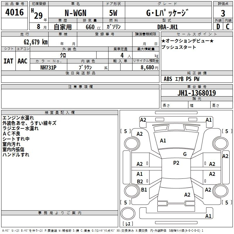 Аукционный лист HONDA N WGN 2017