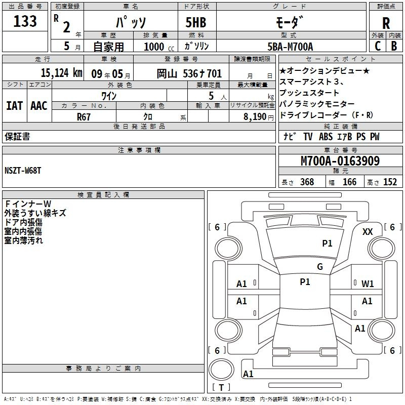 Аукционный лист TOYOTA PASSO 2020