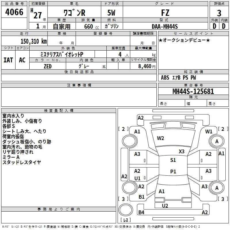 Аукционный лист SUZUKI WAGON R 2015