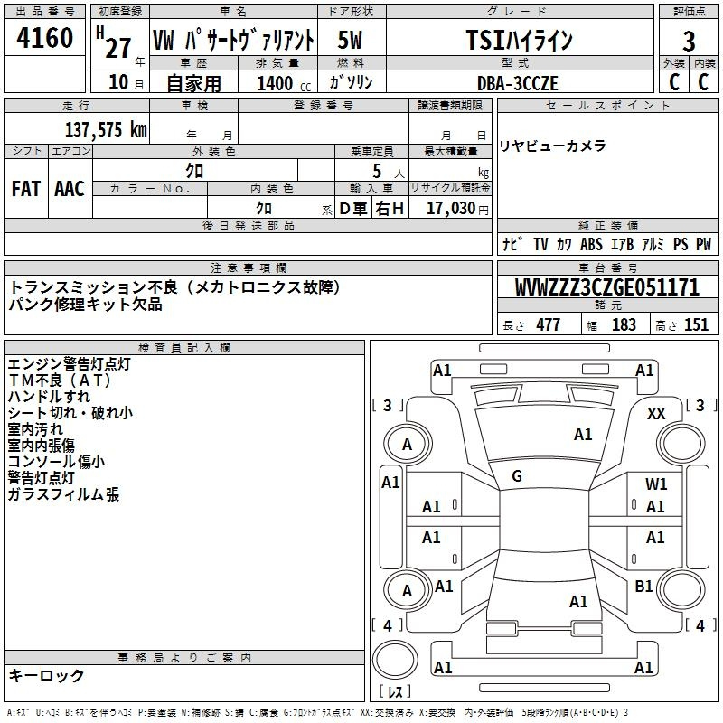 Аукционный лист VOLKSWAGEN PASSAT VARIANT 2015