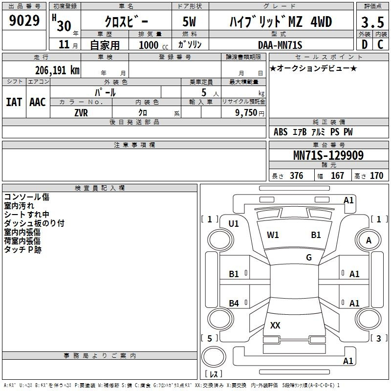 Аукционный лист SUZUKI XBEE 2018