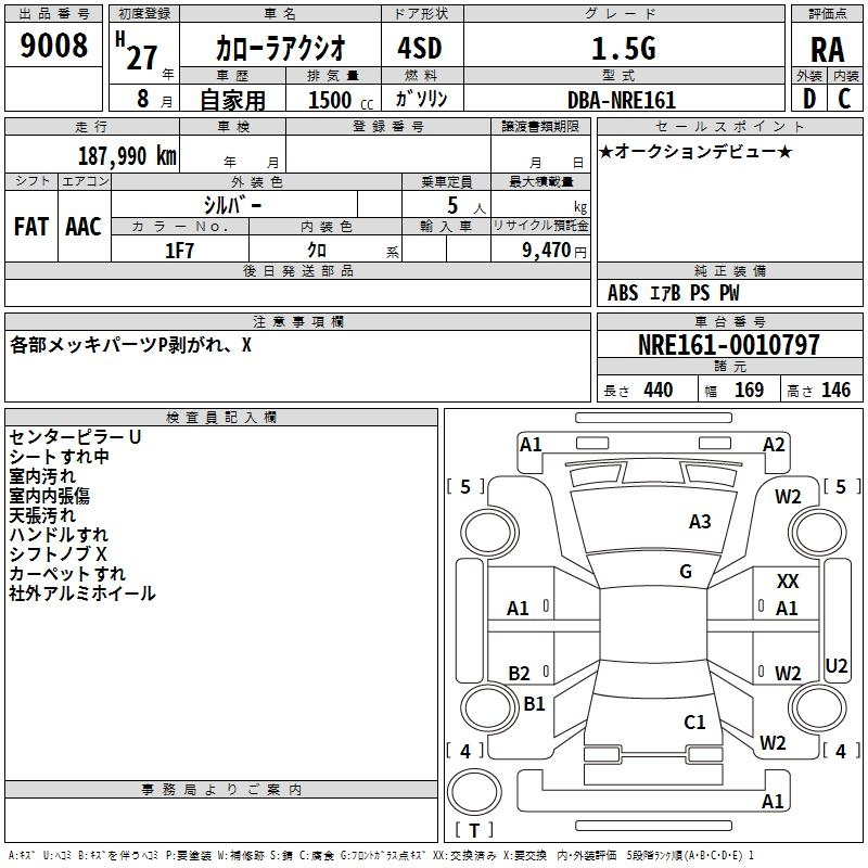 Аукционный лист TOYOTA COROLLA AXIO 2015