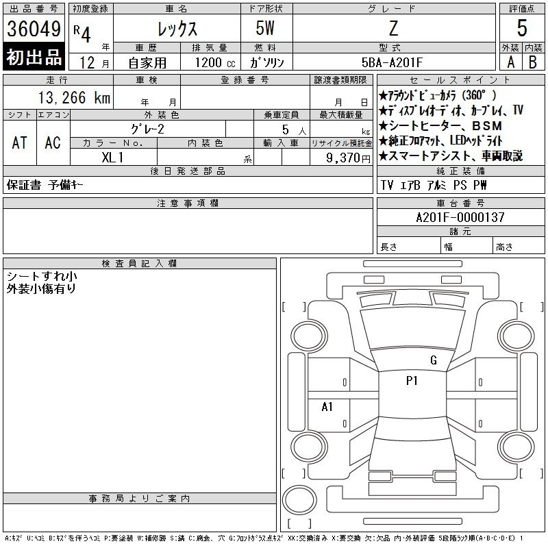 Аукционный лист SUBARU REX 2022