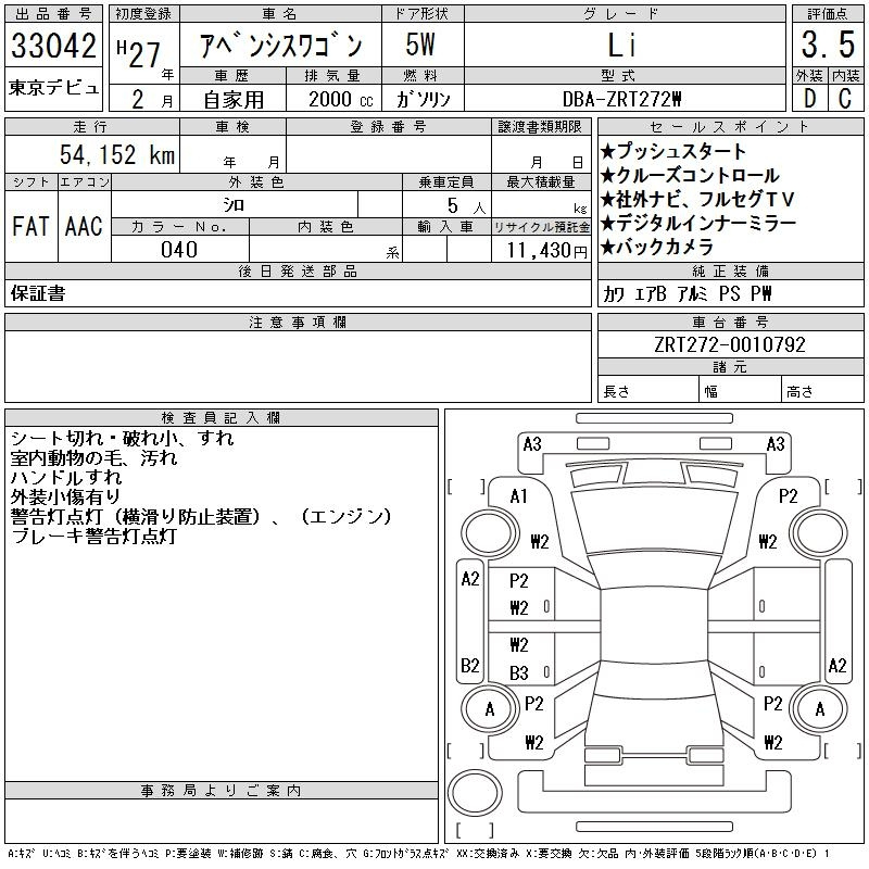 Аукционный лист TOYOTA AVENSIS WAGON 2015